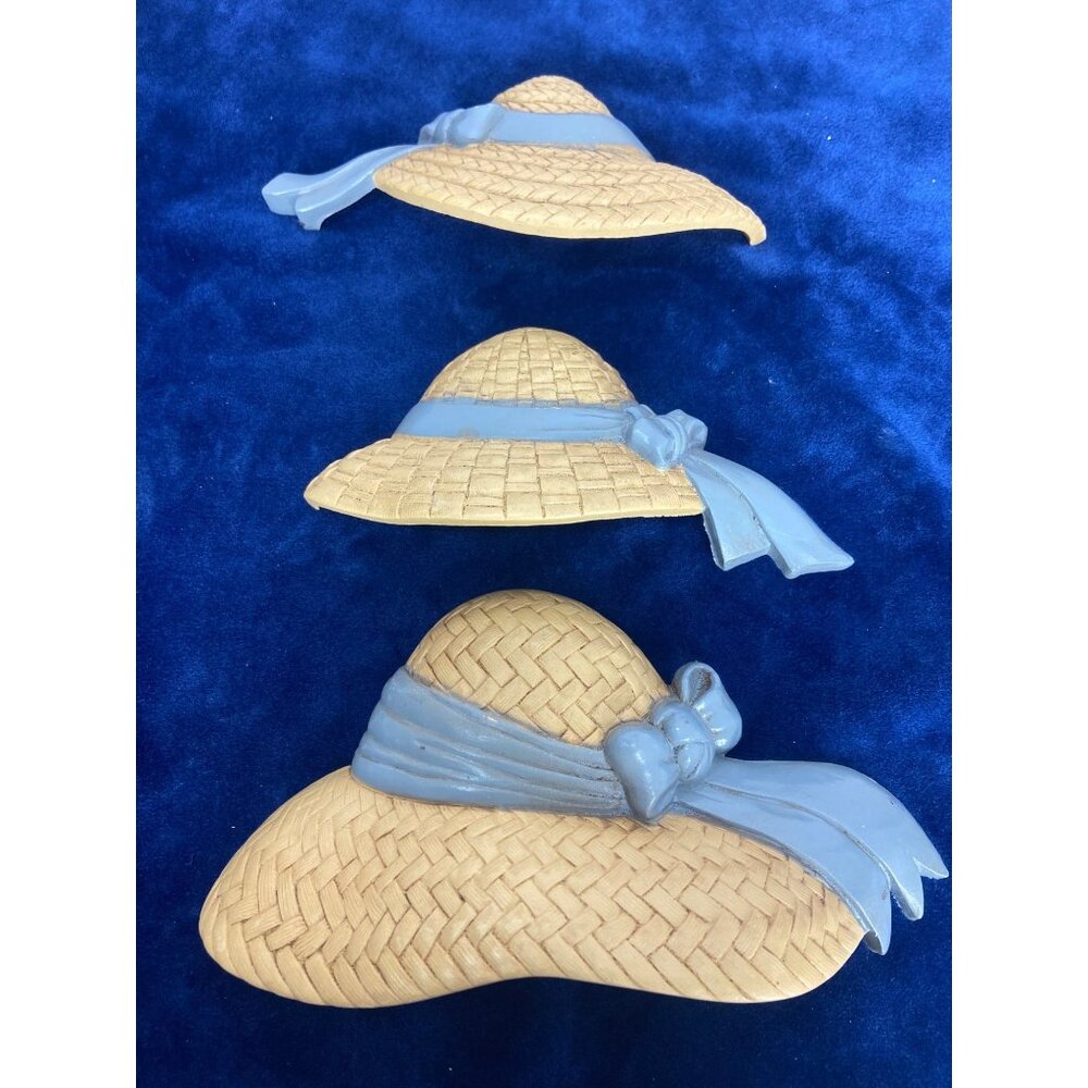 Vintage Burwood Products Sun Hat Wall Decor Set of 3 Blue Ribbon 2808 1987 USA